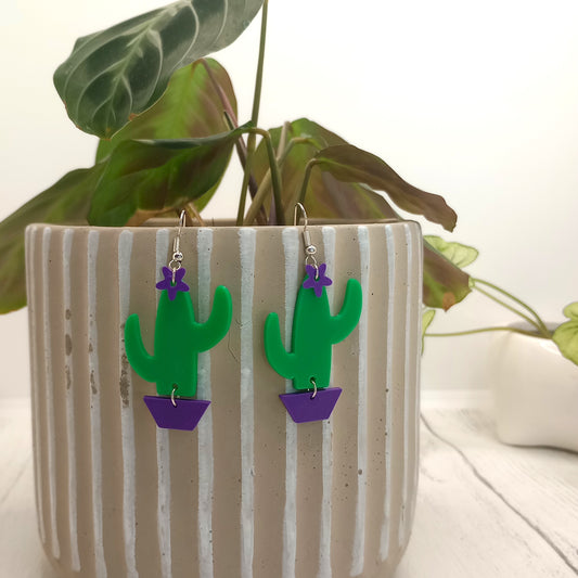 3D Printed Saguaro Cactus Earrings in a Pot