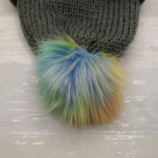 Adult Knitted Grey hat with a Rainbow Pompom