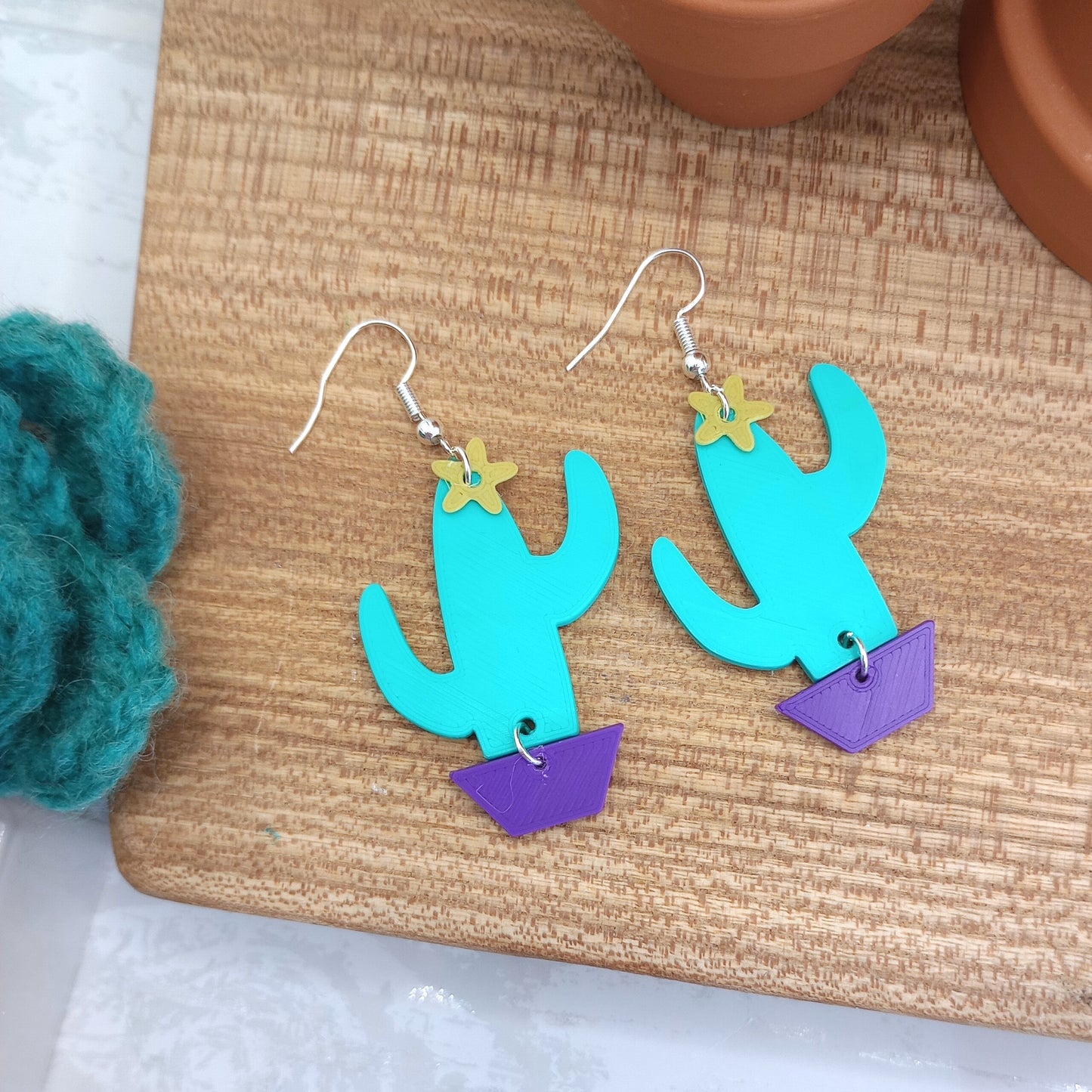 3D Printed Saguaro Cactus Earrings in a Pot