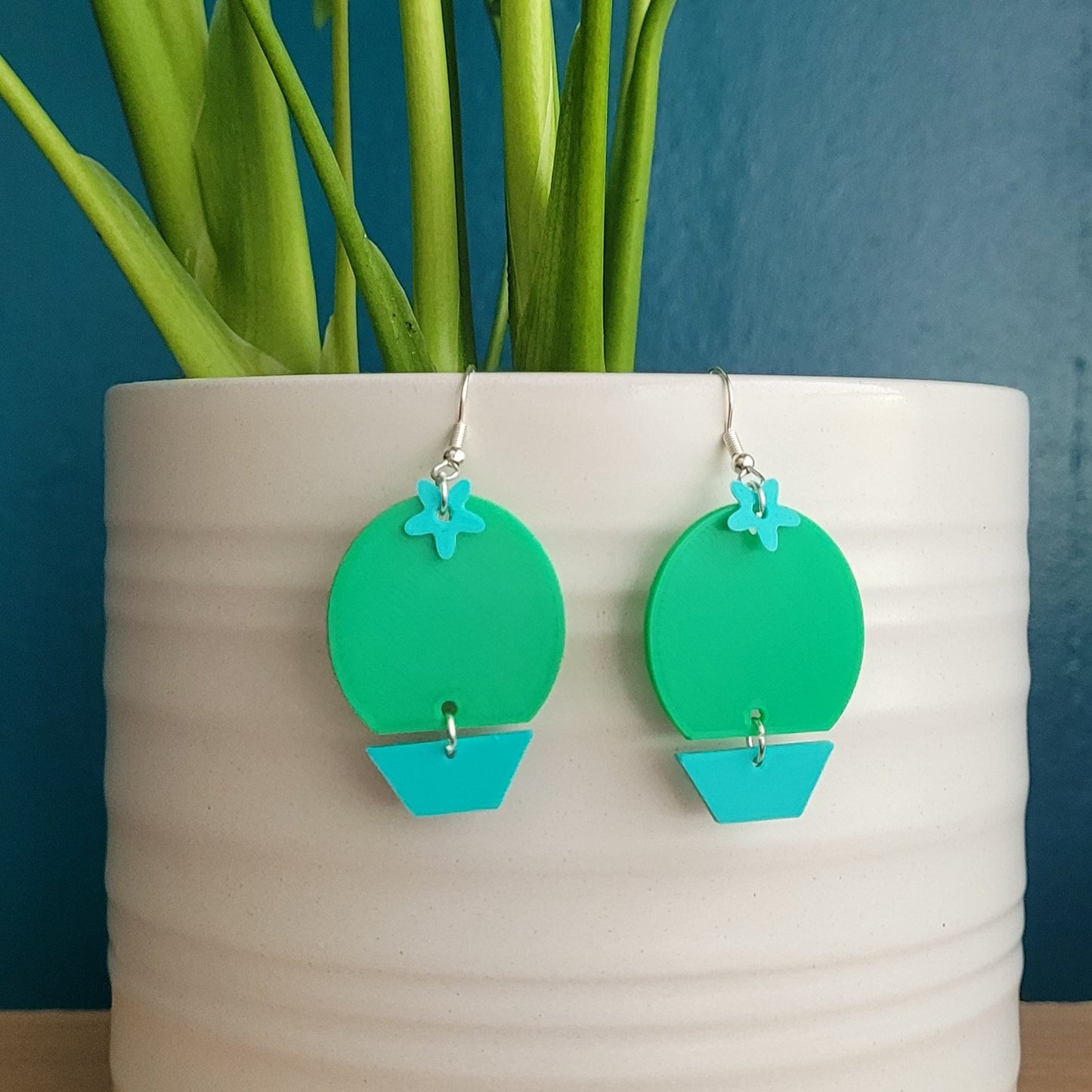 3D Printed Barrel Cactus Earrings in a Pot