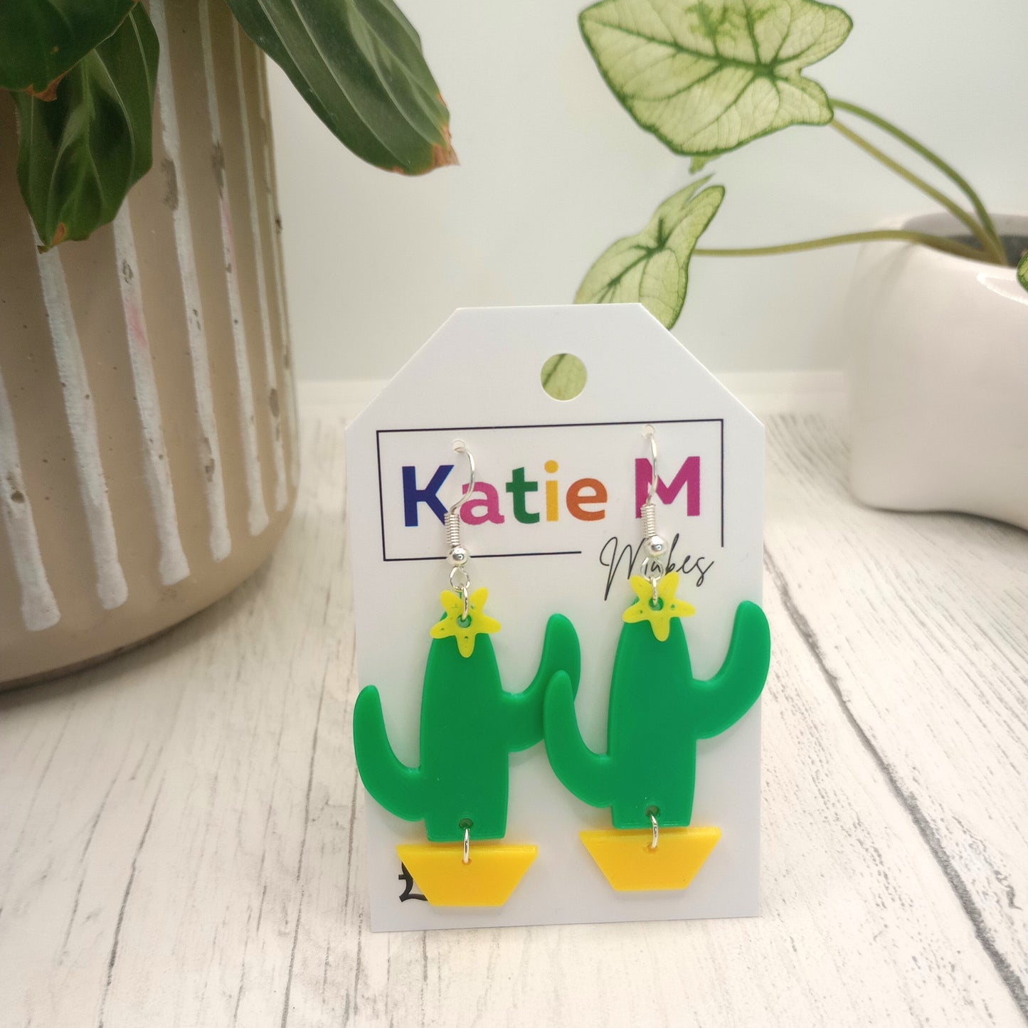 3D Printed Saguaro Cactus Earrings in a Pot