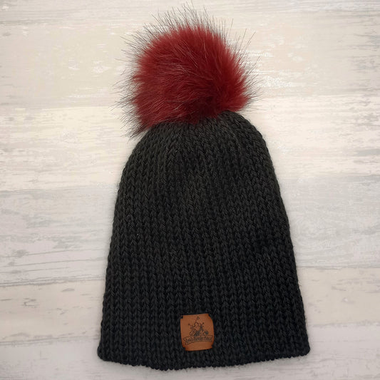 Adult Knitted black hat with a Red Pompom