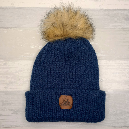 Knitted Navy Hat with a Pompom