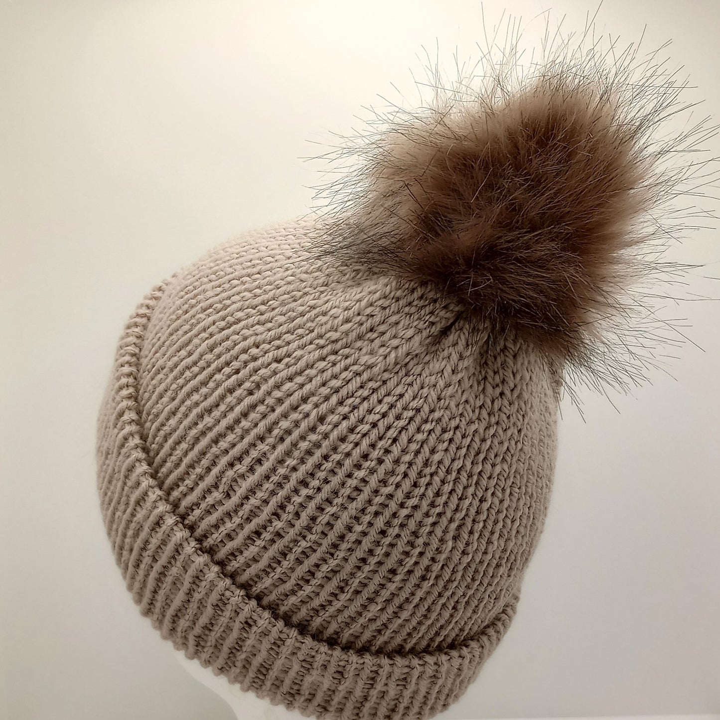 Adult Knitted Tan Hat with a Pompom