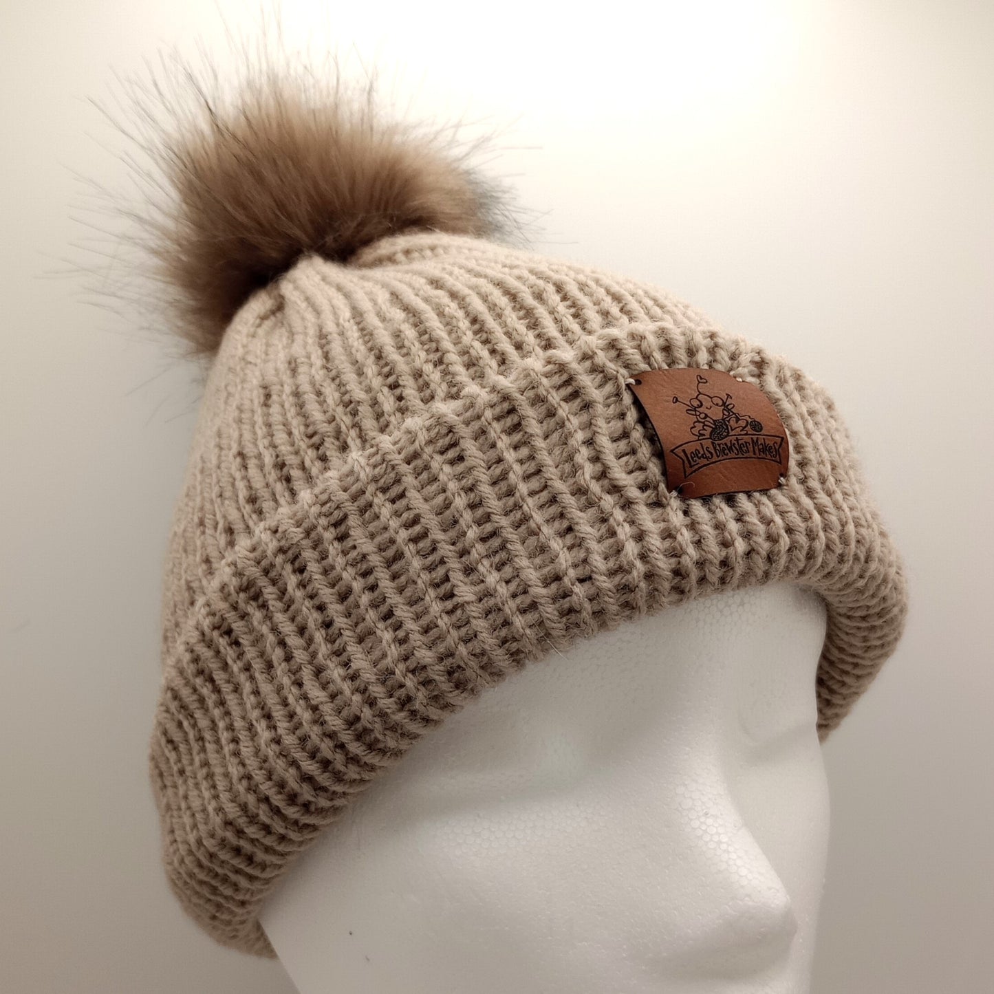 Adult Knitted Tan Hat with a Pompom