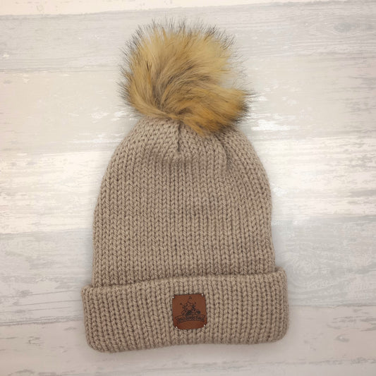 Adult Knitted Tan Hat with a Pompom